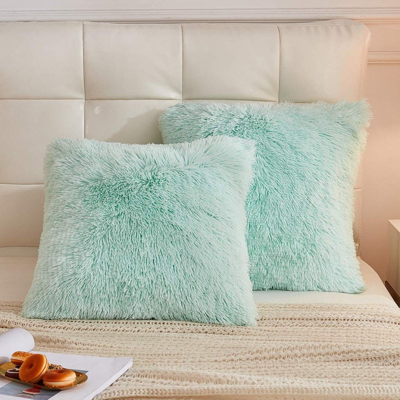 LIFEREVO 2 Pack Fluffy Faux Fur Pillow Shams,18 x 18 Inches Throw Pillow Covers,Luxury Decorative Furry Pillowcases Cushion Cover for Christmas,Zipper Closure,No Pillow Insert, Mint - Image 1